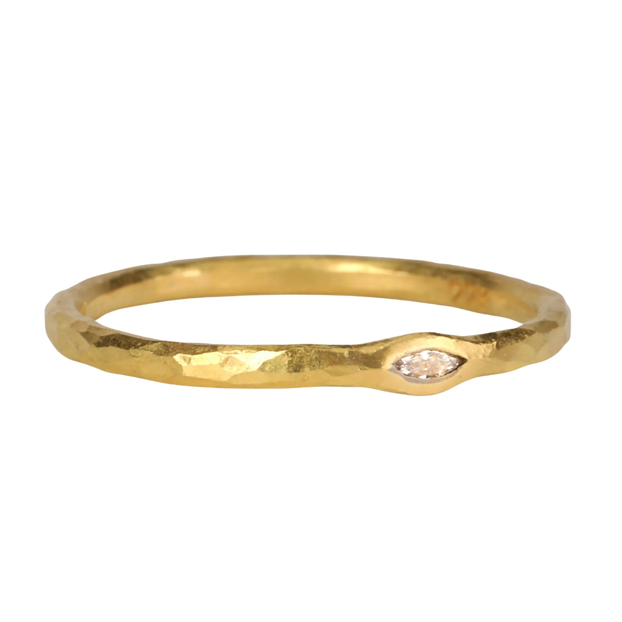 22K Gold Thin Hammered Band with Marquise Diamond