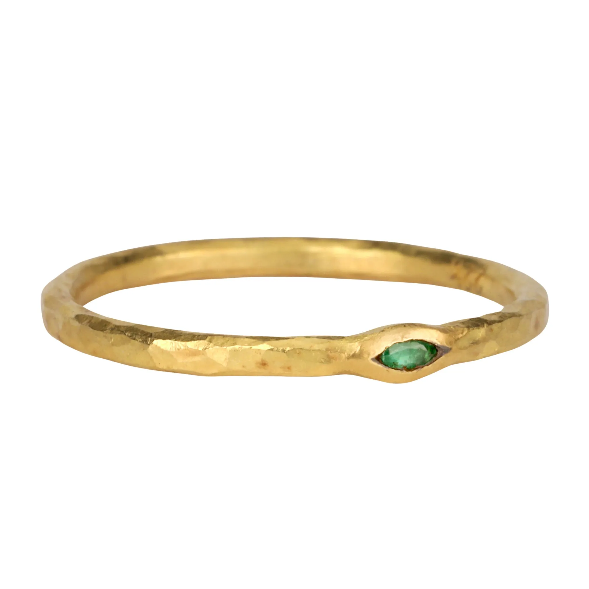 22K Gold Thin Hammered Band with Marquise Emerald