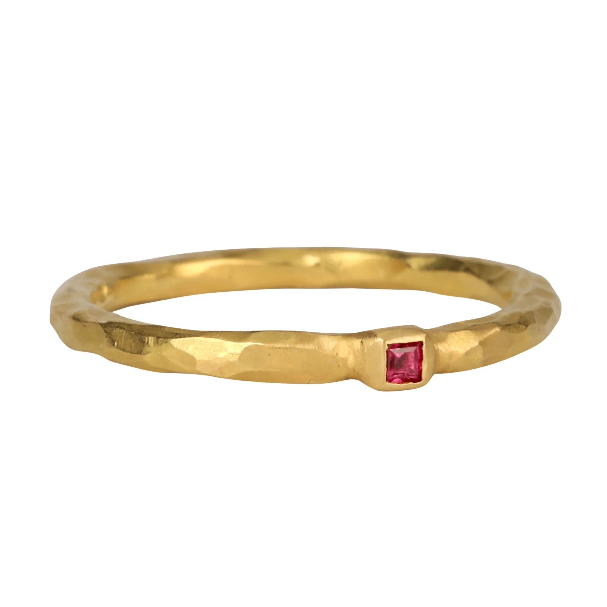 22K Gold Thin Hammered Band with Square Burmese Ruby Floating Bezel