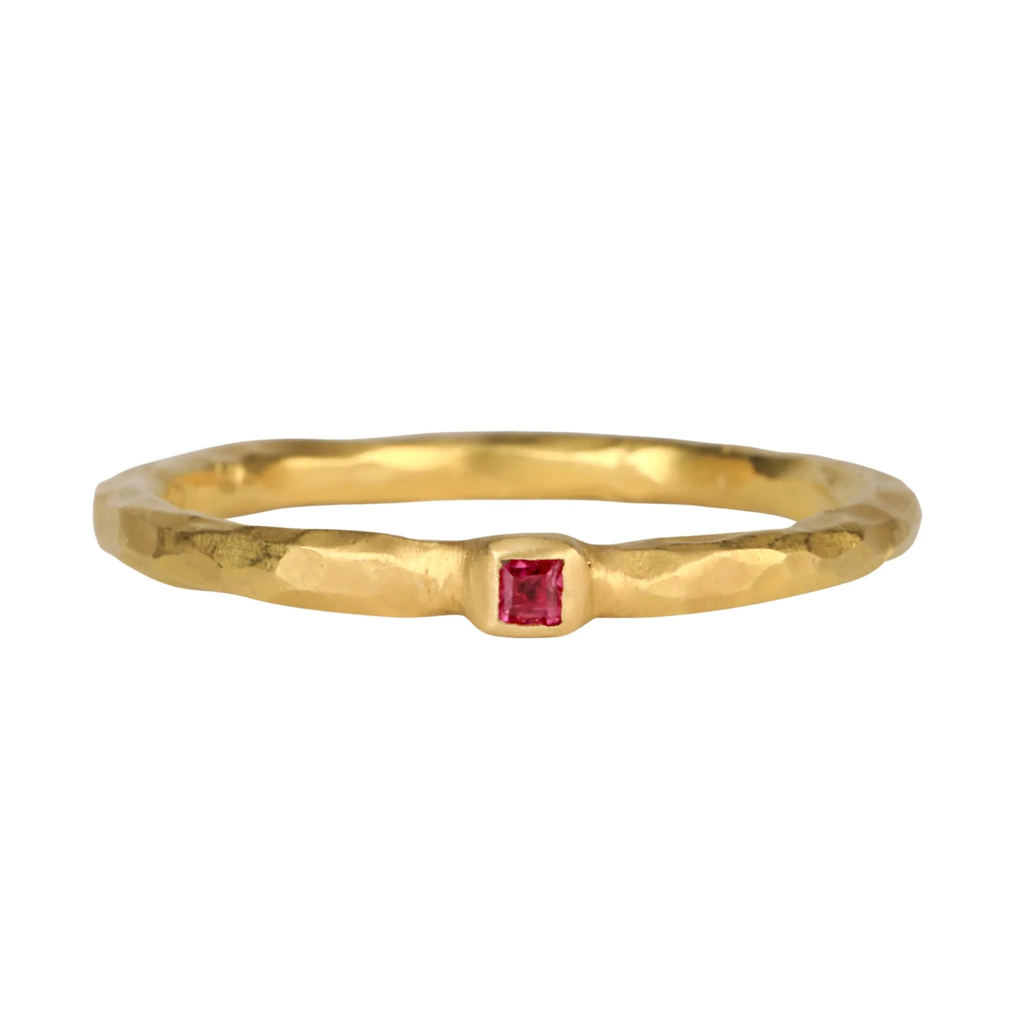 22K Gold Thin Hammered Band with Square Burmese Ruby Floating Bezel