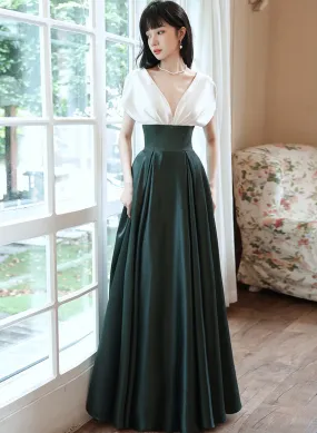 A-line Satin White and Green Long Party Dress, V-neckline Long Prom Dress Formal Dress