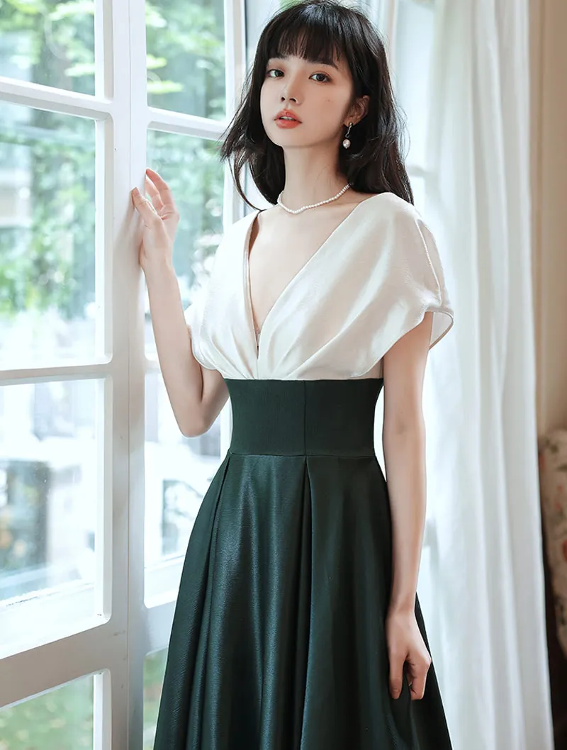 A-line Satin White and Green Long Party Dress, V-neckline Long Prom Dress Formal Dress