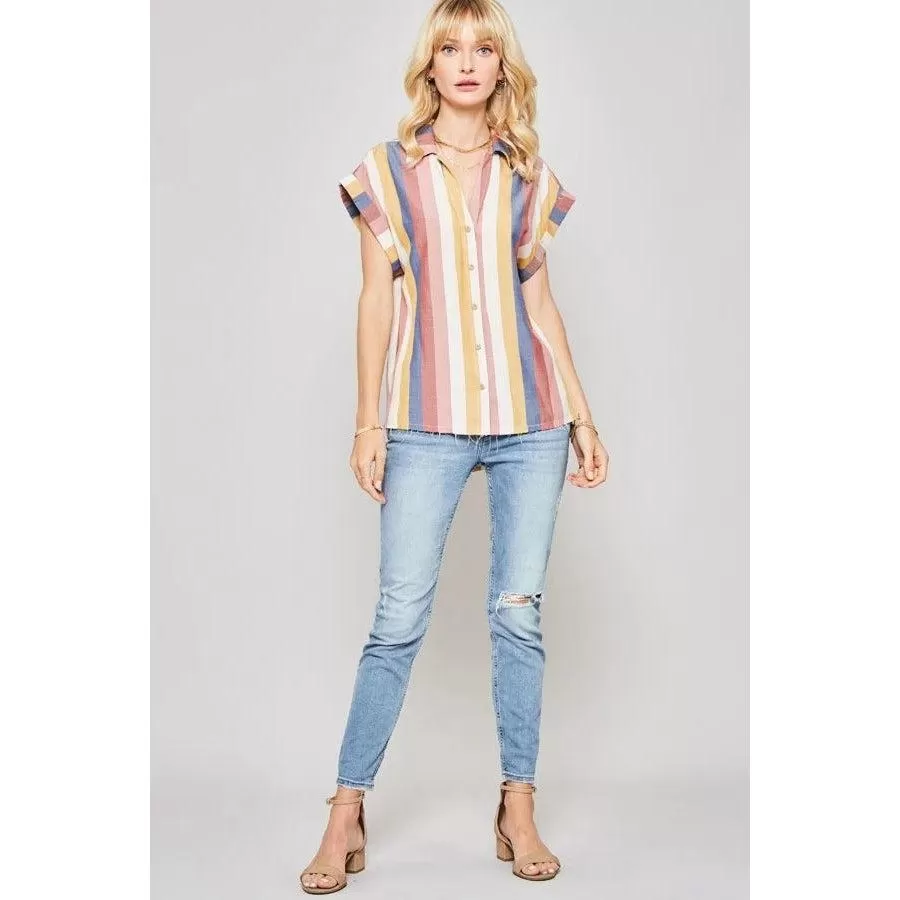 A Woven Shirt In Multicolor Striped With Collared Neckline