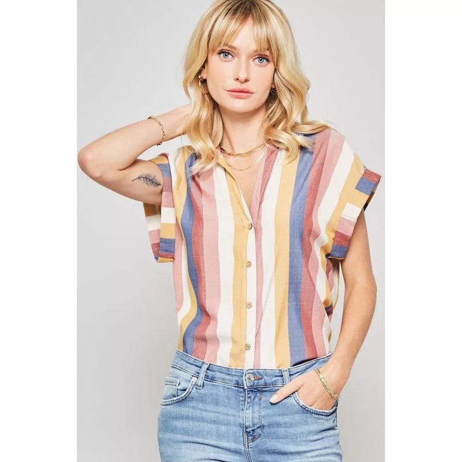 A Woven Shirt In Multicolor Striped With Collared Neckline