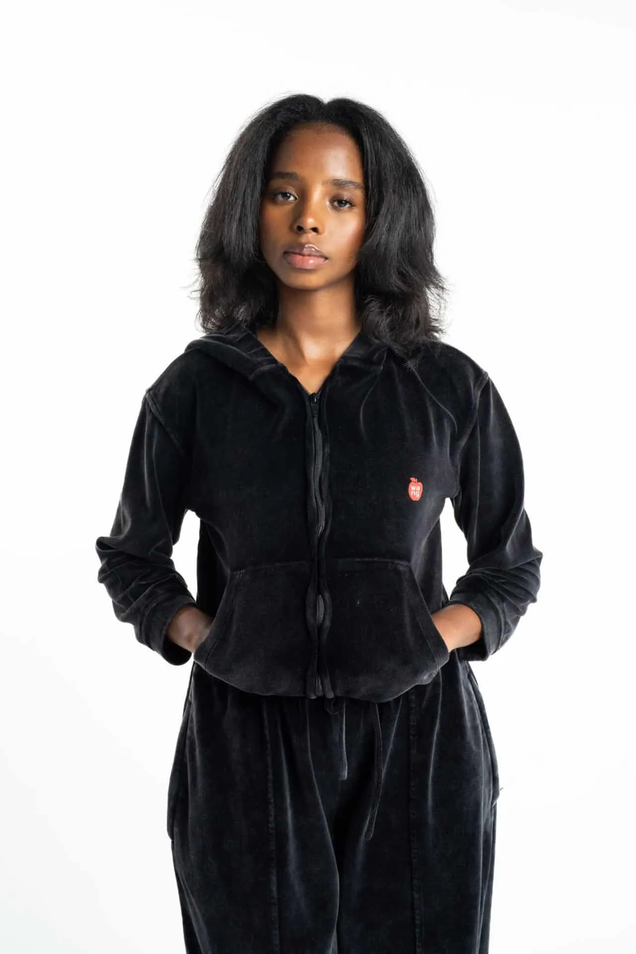 Alexander Wang Women’s Shrunken Zip Up Hoodie w/ Apple Logo Washed 4CC1242075 095A