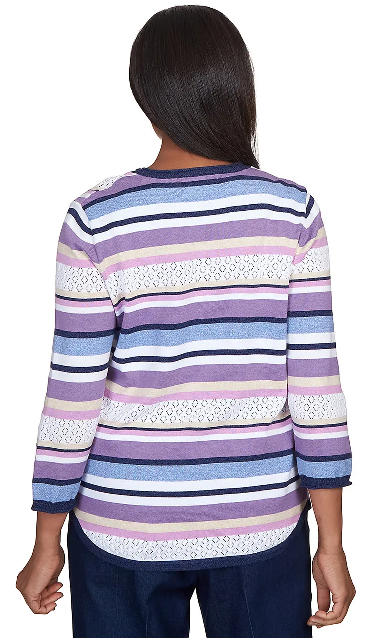 ALFRED DUNNER SWEATER *PLUS* LAVENDER NAVY BLOCKED STRIPE