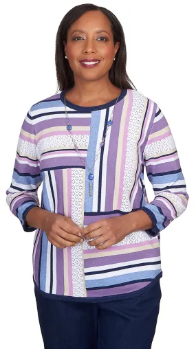 ALFRED DUNNER SWEATER *PLUS* LAVENDER NAVY BLOCKED STRIPE