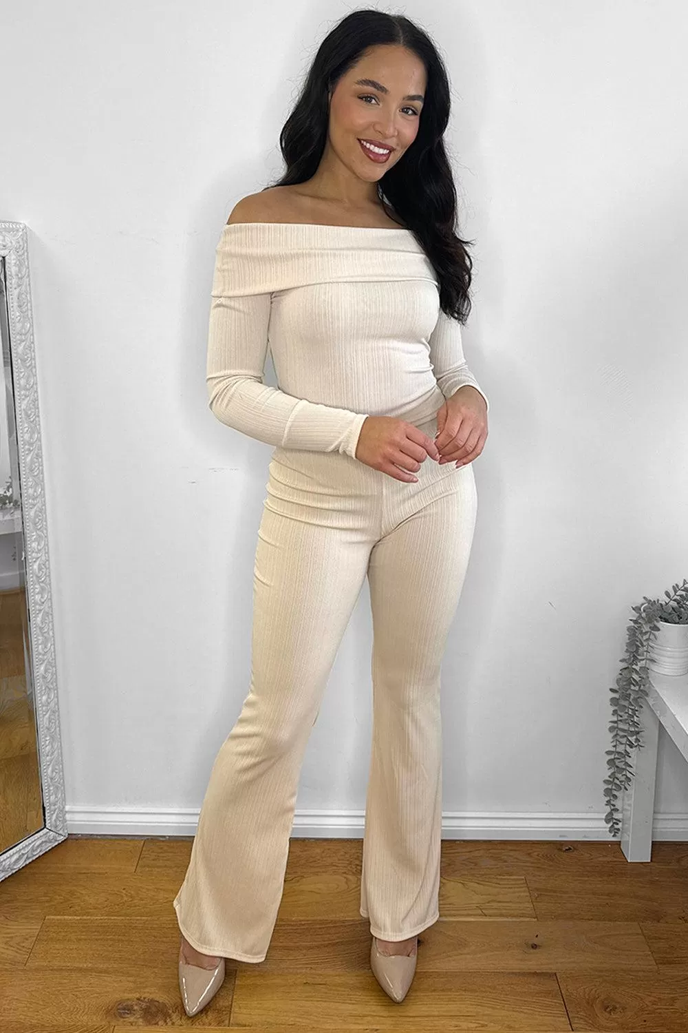 Bardot Neckline Ribbed Top And Trousers Set