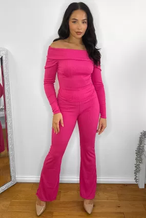 Bardot Neckline Ribbed Top And Trousers Set