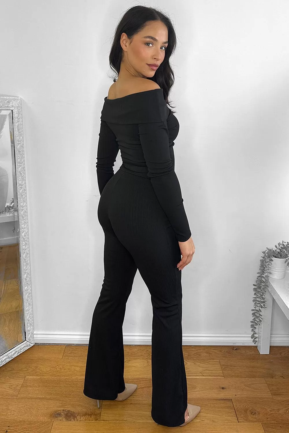 Bardot Neckline Ribbed Top And Trousers Set