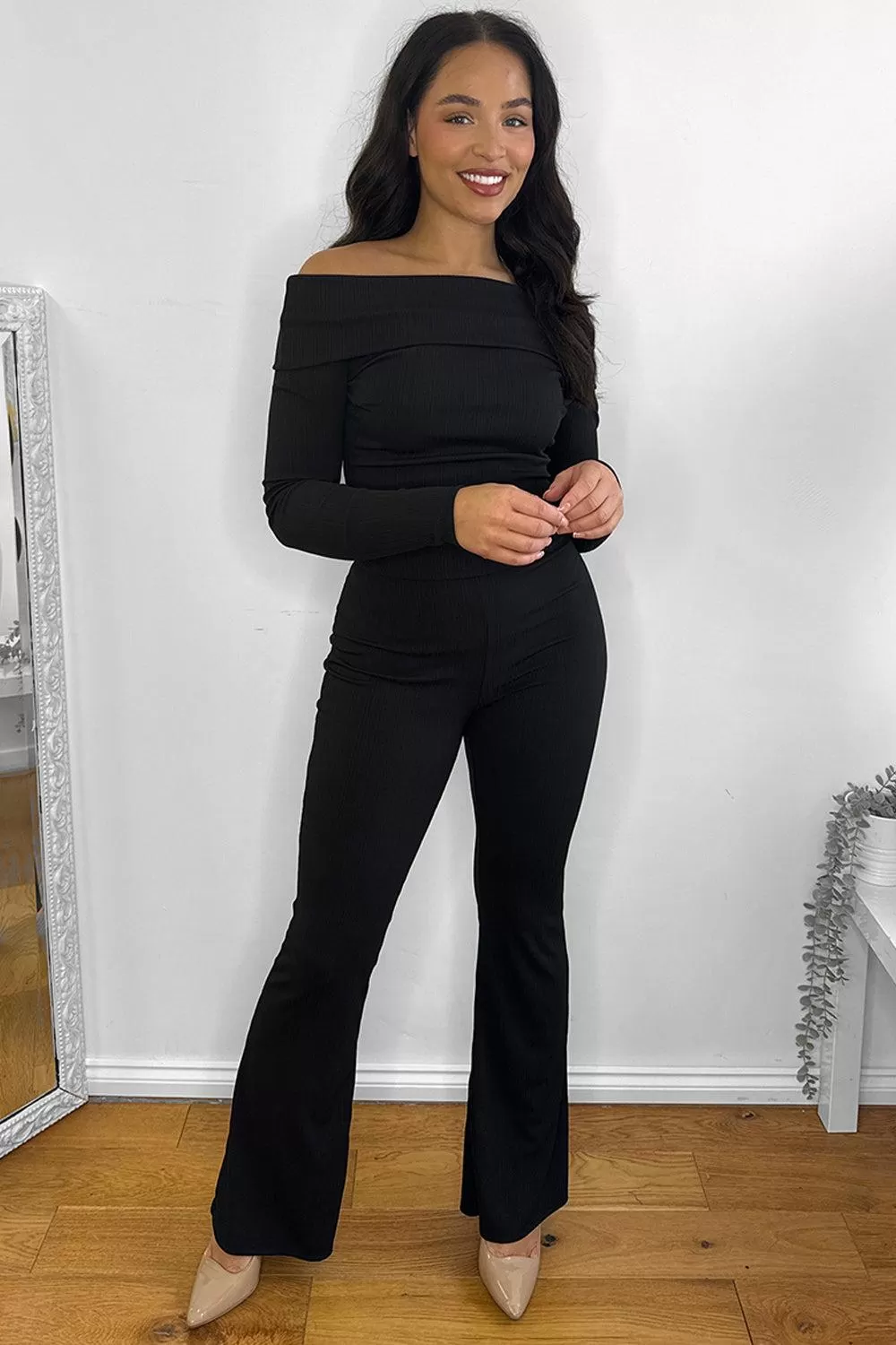 Bardot Neckline Ribbed Top And Trousers Set