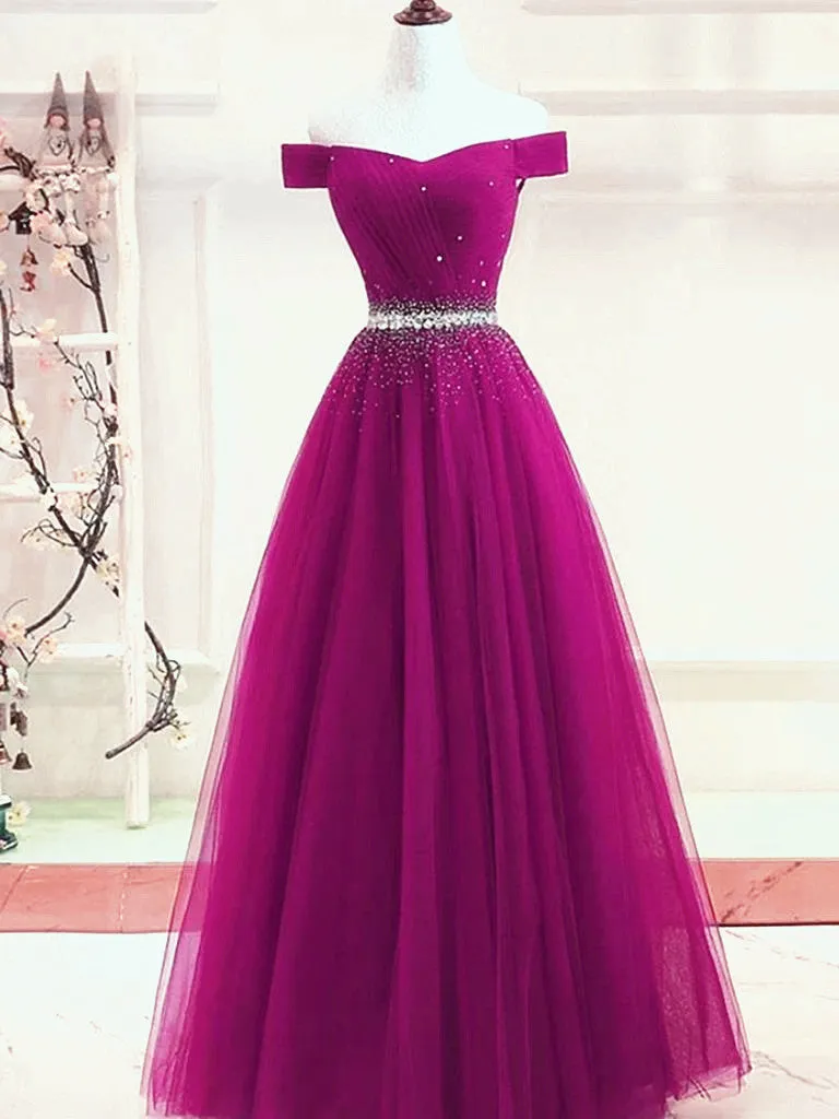 Beautiful Off Shoulder Beaded Tulle Long Party Dress, Junior Prom Dress