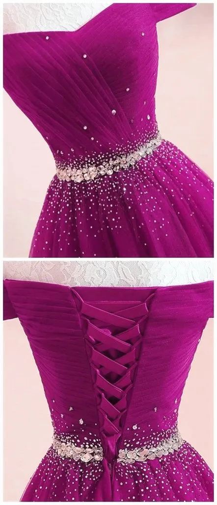 Beautiful Off Shoulder Beaded Tulle Long Party Dress, Junior Prom Dress