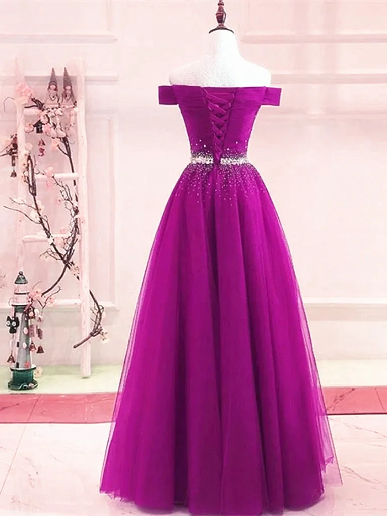 Beautiful Off Shoulder Beaded Tulle Long Party Dress, Junior Prom Dress