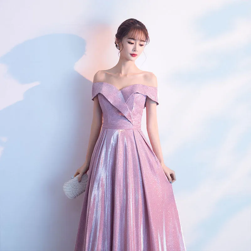 Beautiful Off Shoulder Pink Shiny Long Bridesmaid Dress, Cute Prom Dress