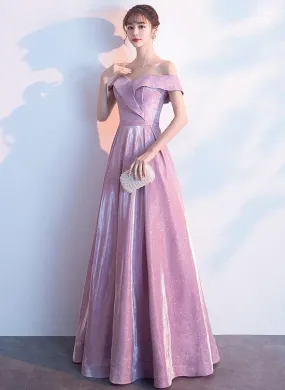 Beautiful Off Shoulder Pink Shiny Long Bridesmaid Dress, Cute Prom Dress