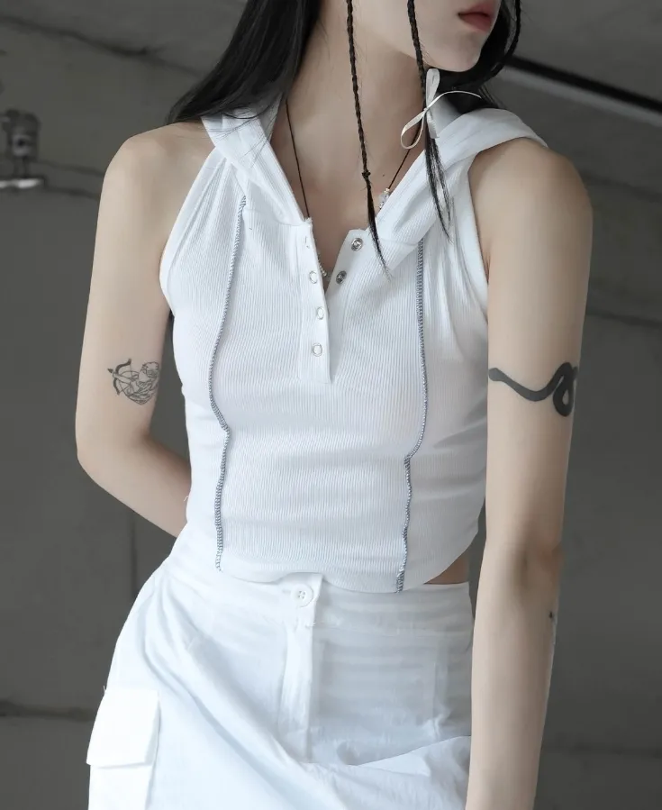 Binary01  |Sleeveless Halter Neck Street Style Plain Cotton