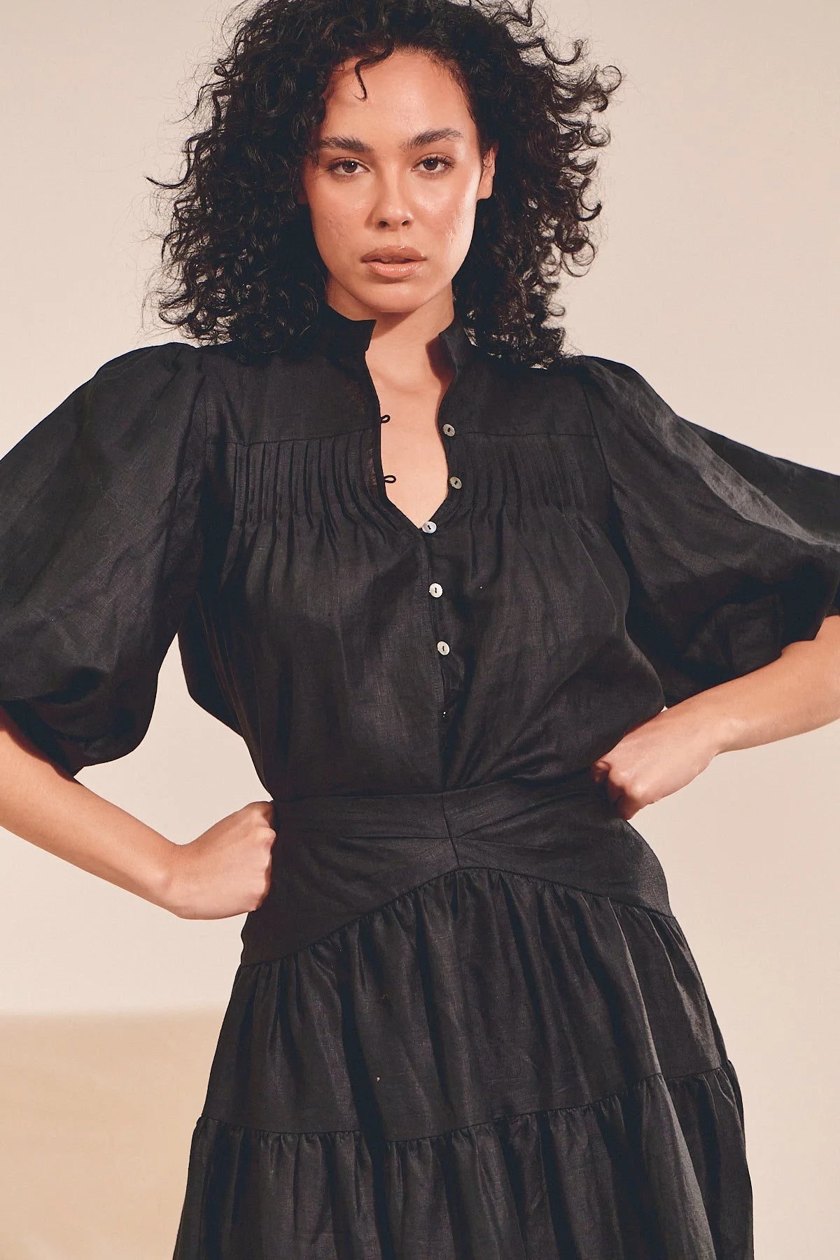 Birdie Blouse Top - Black 'Linen' Collection