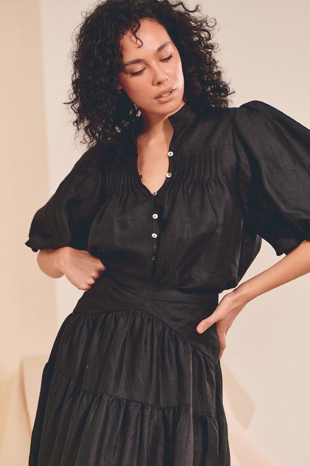 Birdie Blouse Top - Black 'Linen' Collection