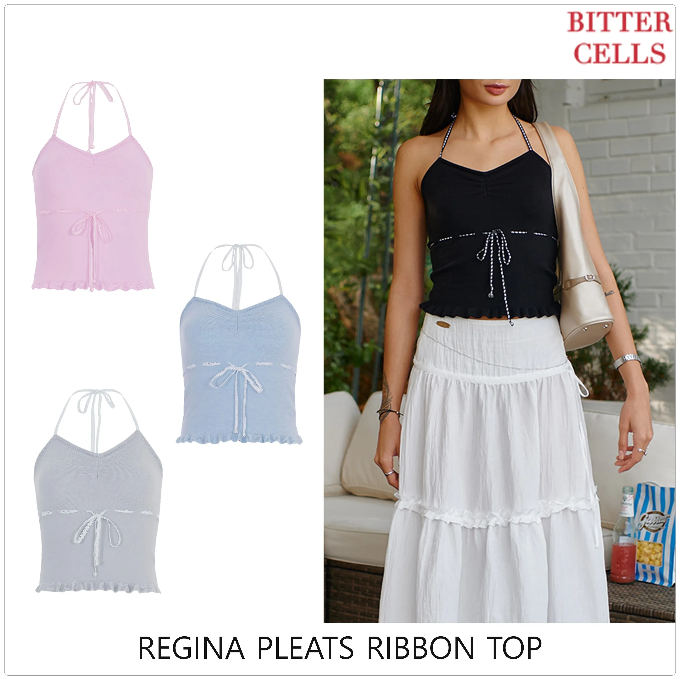 BITTER CELLS  |Sleeveless Halter Neck Street Style V-Neck Plain Logo