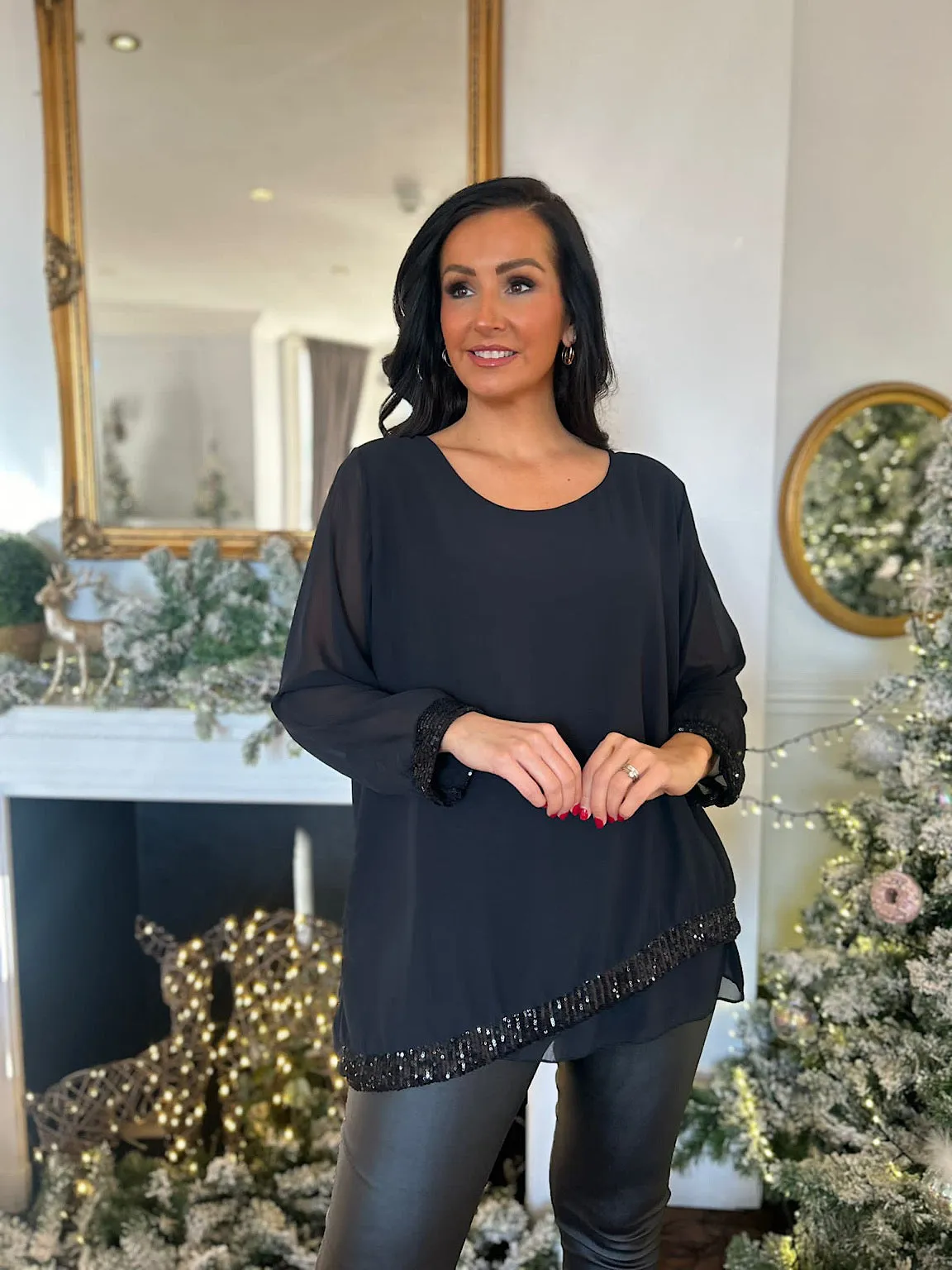 Black Chiffon Sequin Hem Blouse Belle