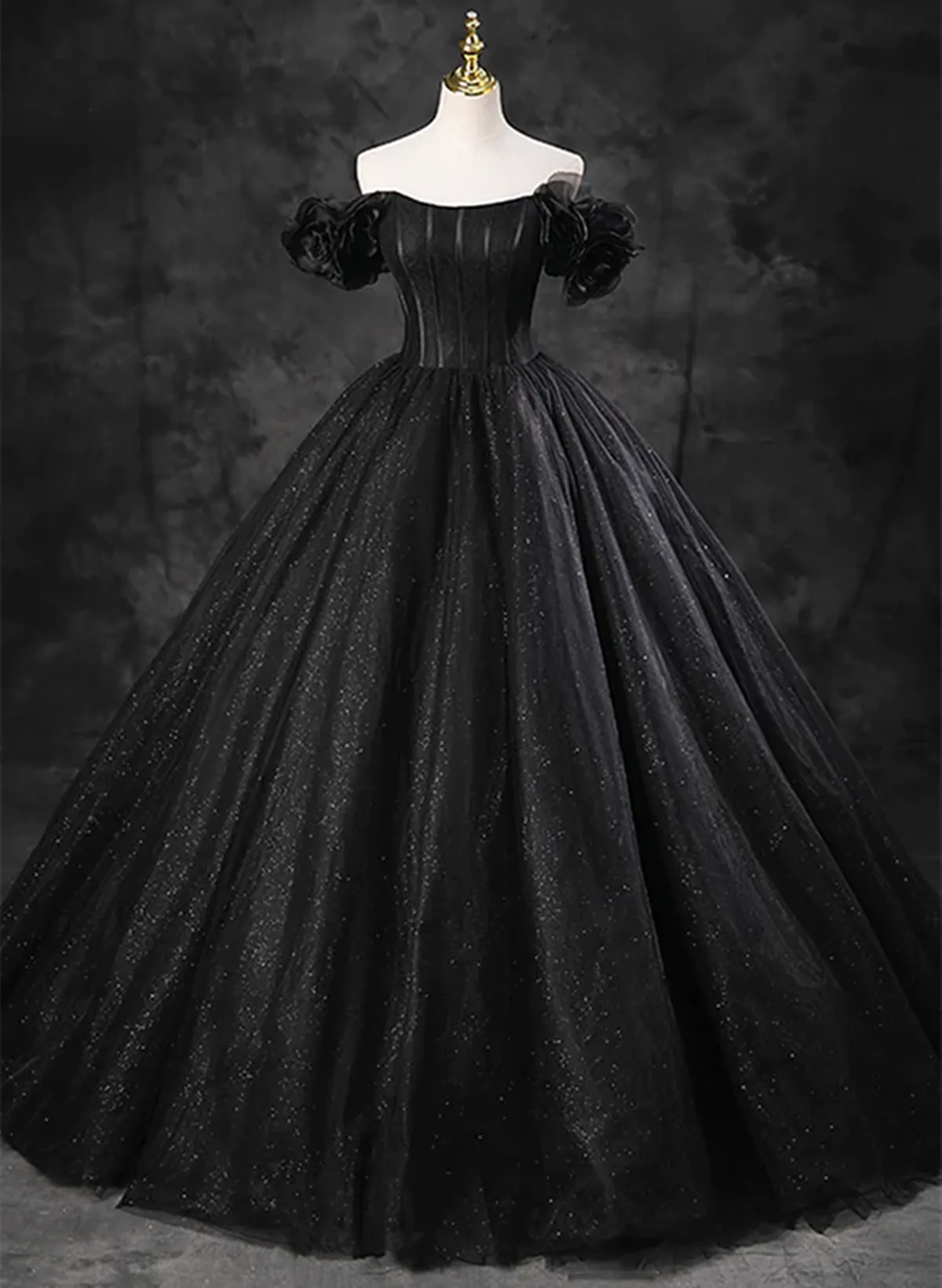 Black Off Shoulder Tulle Lace-up Sweet 16 Dress, Black Long Party Dress Prom Dress