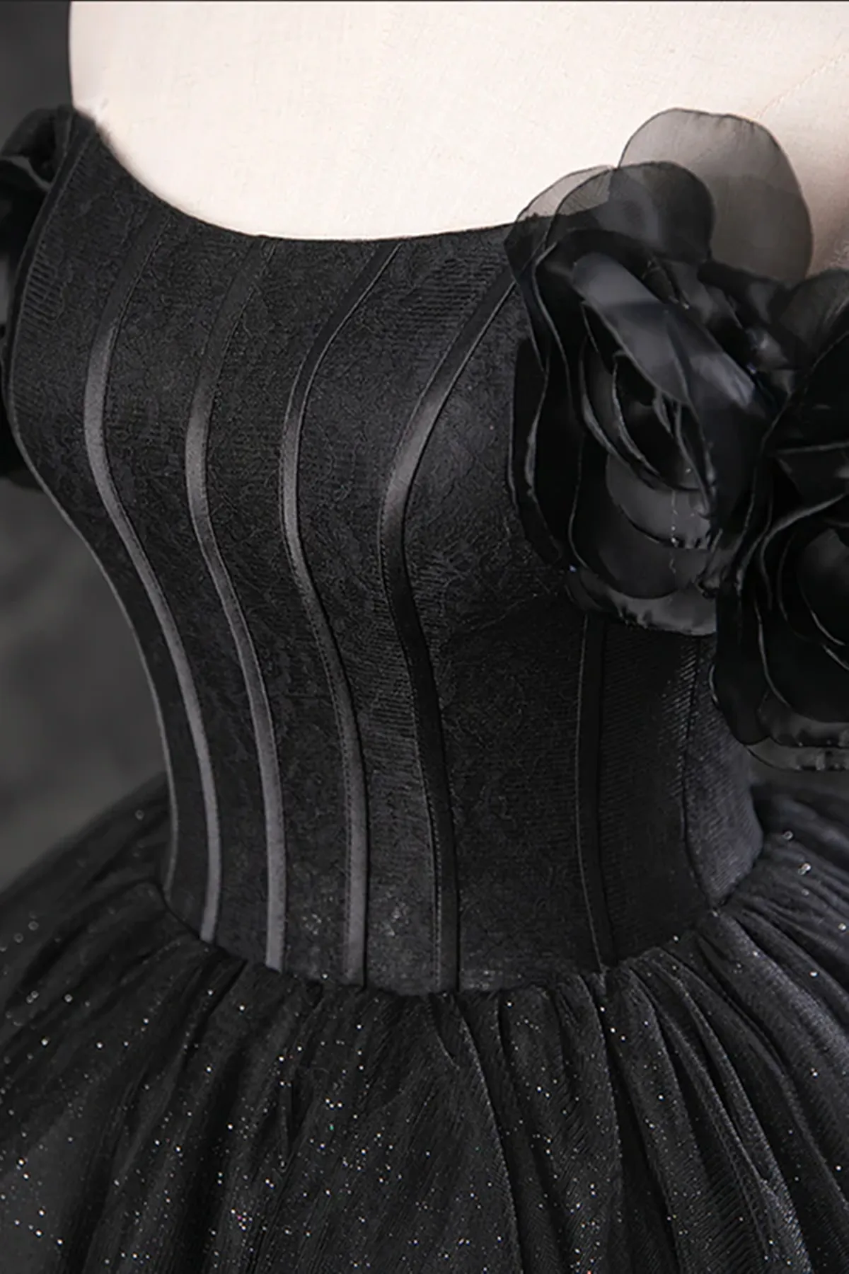 Black Off Shoulder Tulle Lace-up Sweet 16 Dress, Black Long Party Dress Prom Dress