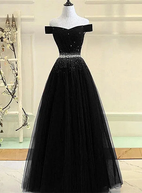 Black Tulle A-line Long Party Dress, Black Prom Dress