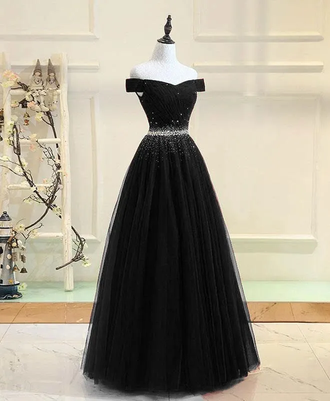 Black Tulle A-line Long Party Dress, Black Prom Dress