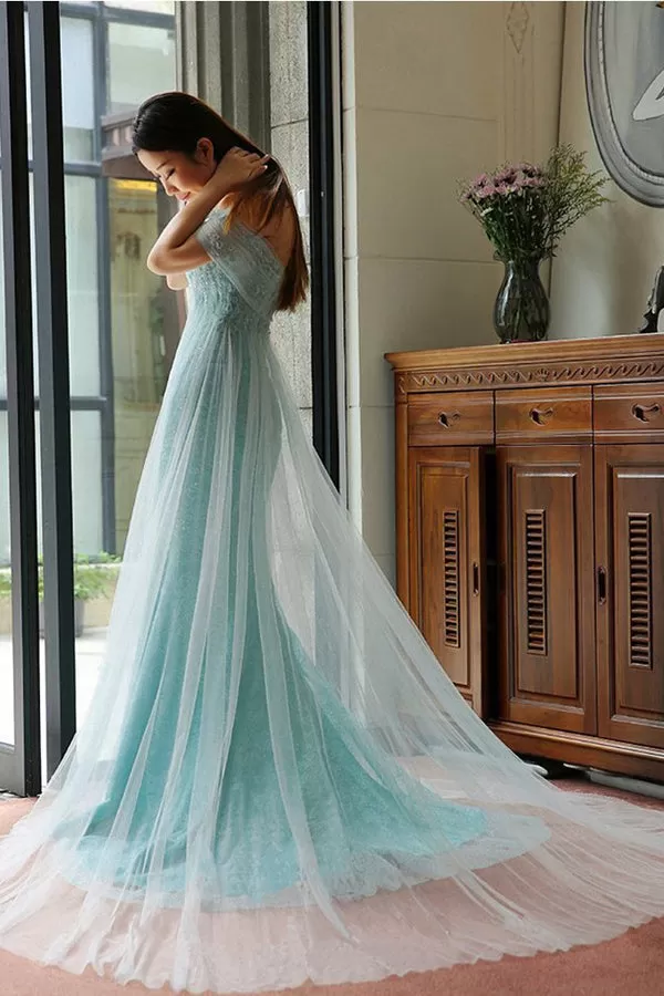 Blue A Line Court Train Off Shoulder Low Back Beading Long Prom Dresses