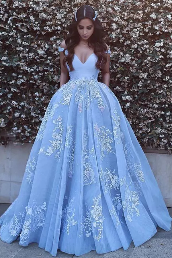 Blue Ball Gown Court Train V Neck Off Shoulder V Back Long Prom Dresses