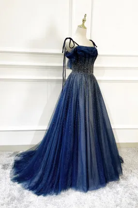 Blue Long Tulle Beaded Prom Dress, Blue Evening Party Dress