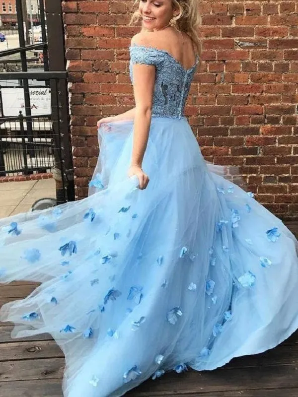 Blue Pretty Off the Shoulder Lace Two Piece Long Prom Dress with 3D flowers