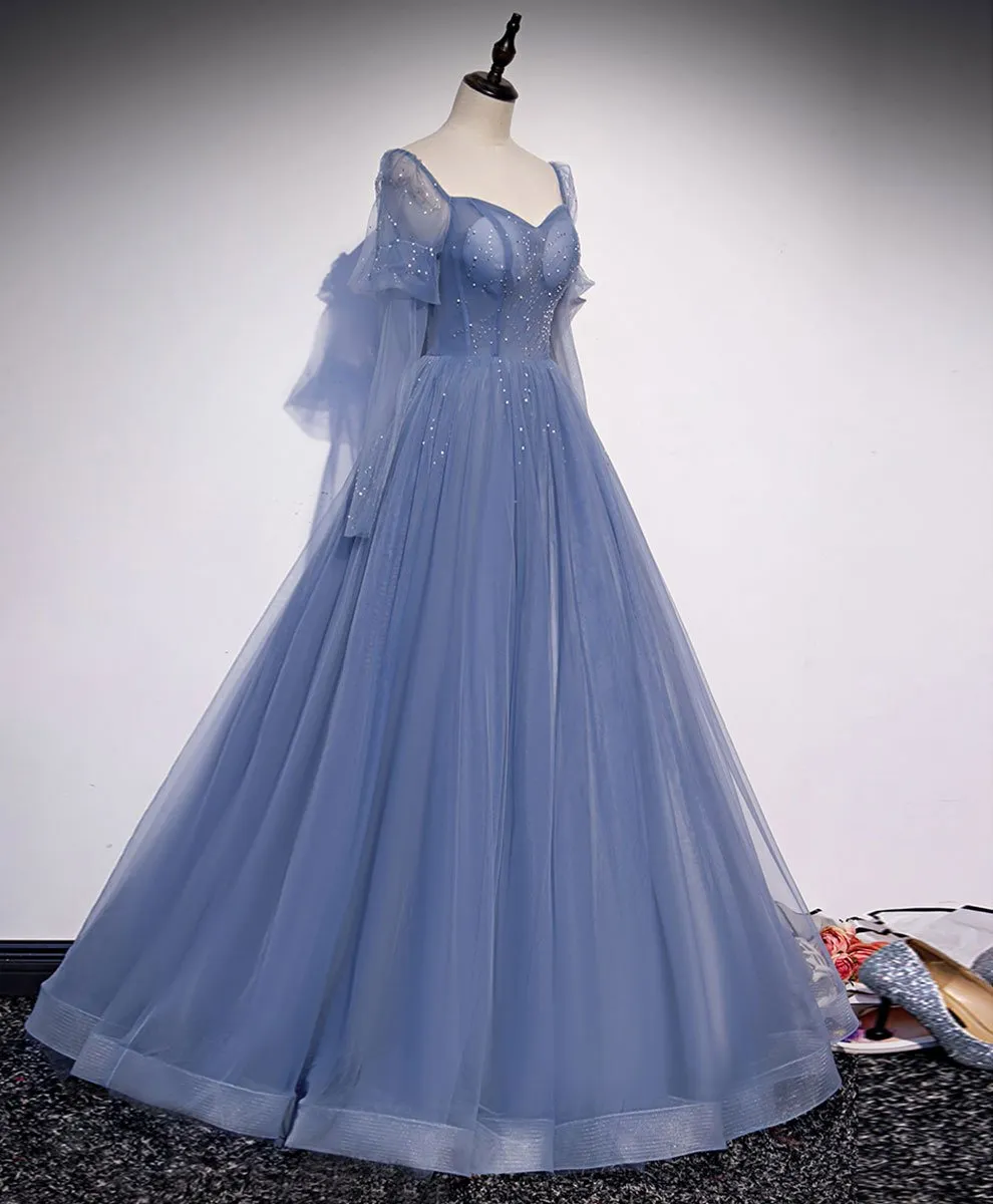 Blue Tulle Beaded Sweetheart Unique Long Prom Dress, Blue Evening Dress Formal Dress