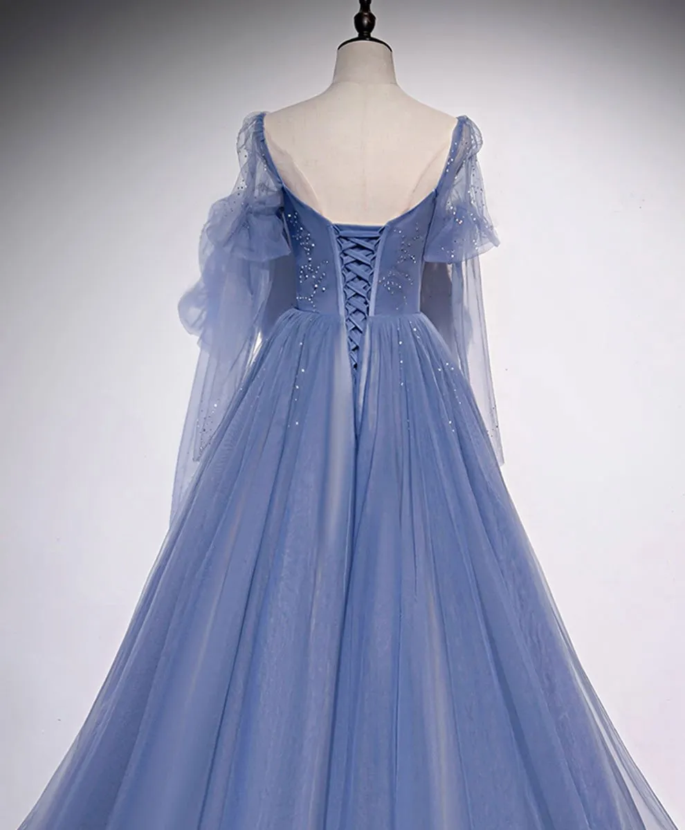 Blue Tulle Beaded Sweetheart Unique Long Prom Dress, Blue Evening Dress Formal Dress