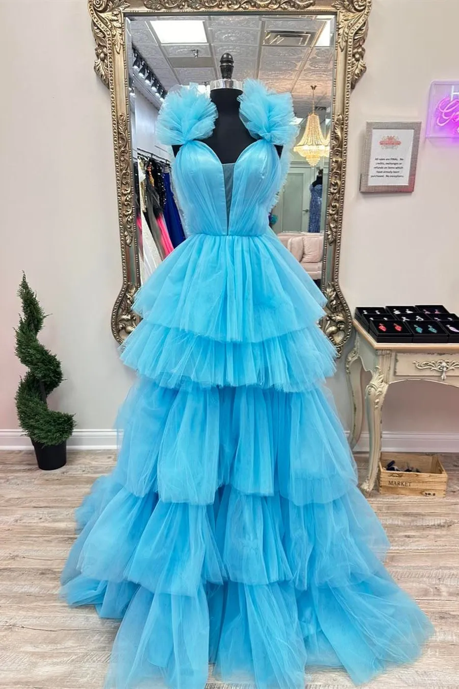 Blue Tulle Ruffles Multi-Layers Plunging V Neck Long Prom Dress