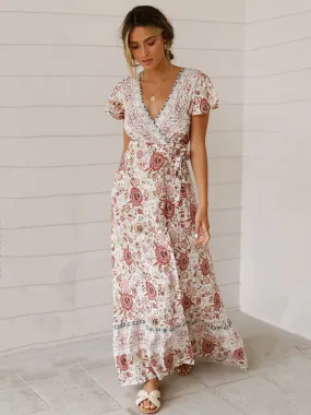 Bohemian Dresses Women Summer Tea Dress V Neck Short Sleeves Floral Print Split Beach Dress