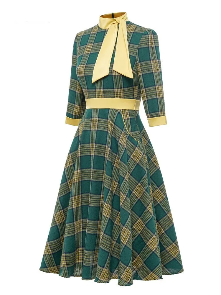 Bow Neck Green Plaid 50s Vintage 3/4 Length Sleeve Women Autumn Winter Pocket Side Retro Midi Dress