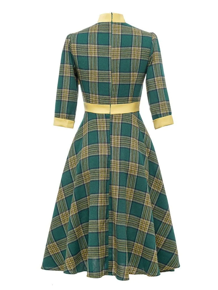 Bow Neck Green Plaid 50s Vintage 3/4 Length Sleeve Women Autumn Winter Pocket Side Retro Midi Dress