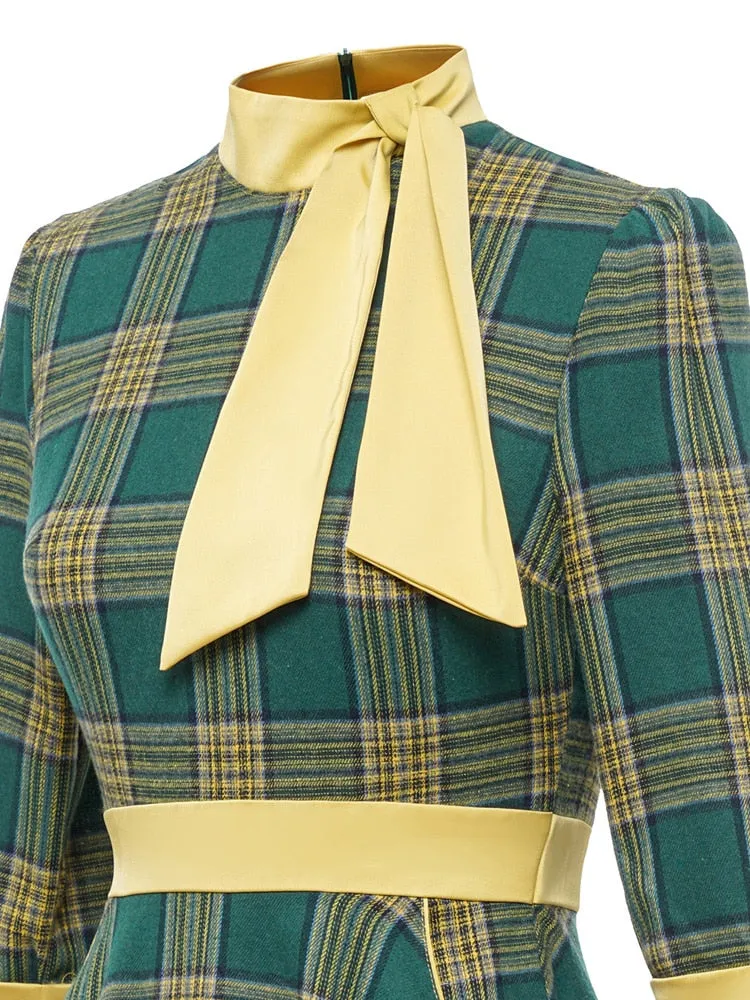 Bow Neck Green Plaid 50s Vintage 3/4 Length Sleeve Women Autumn Winter Pocket Side Retro Midi Dress