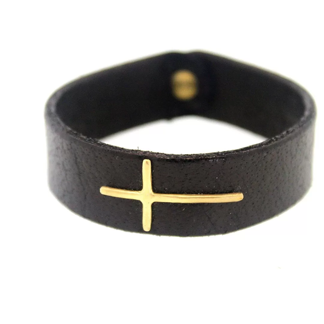 Buffalo Leather Bracelet with Thin Gold Cross