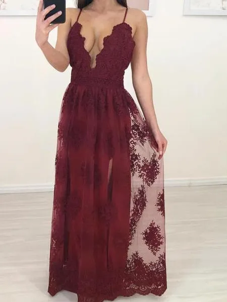 Burgundy Flowy Long Formal Lace Prom Dress