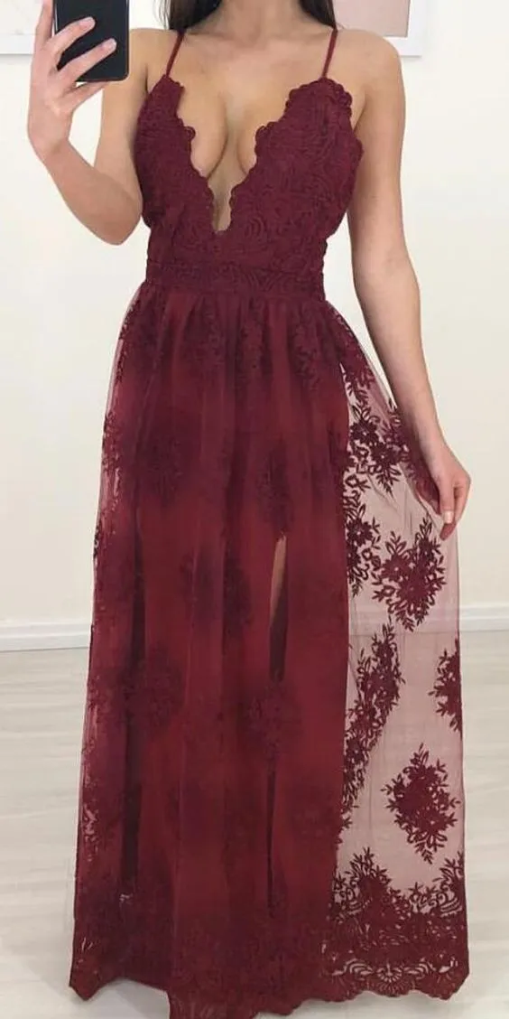 Burgundy Flowy Long Formal Lace Prom Dress