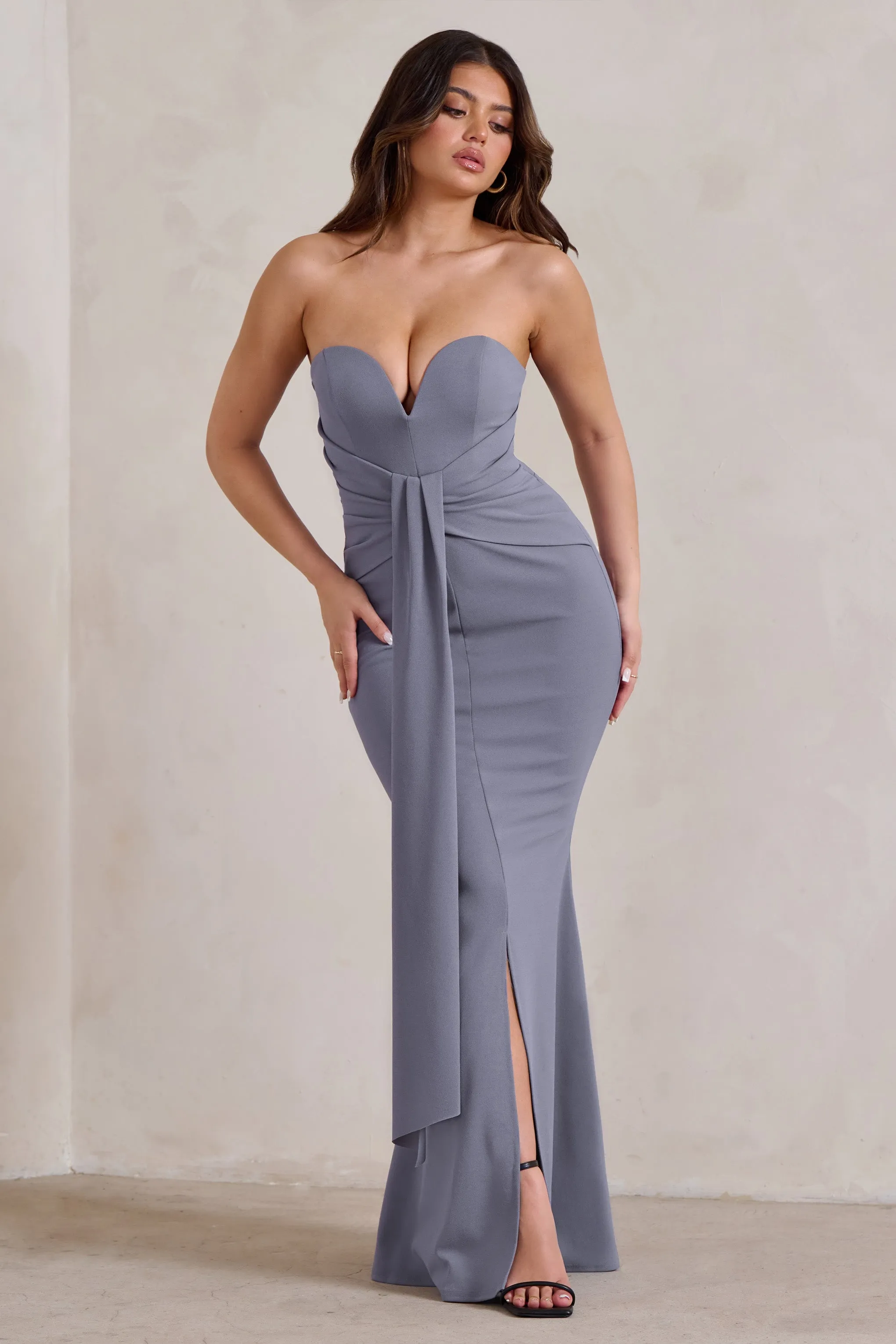 Carrie | Grey Sweetheart Neckline Maxi Dress With Statement Tie