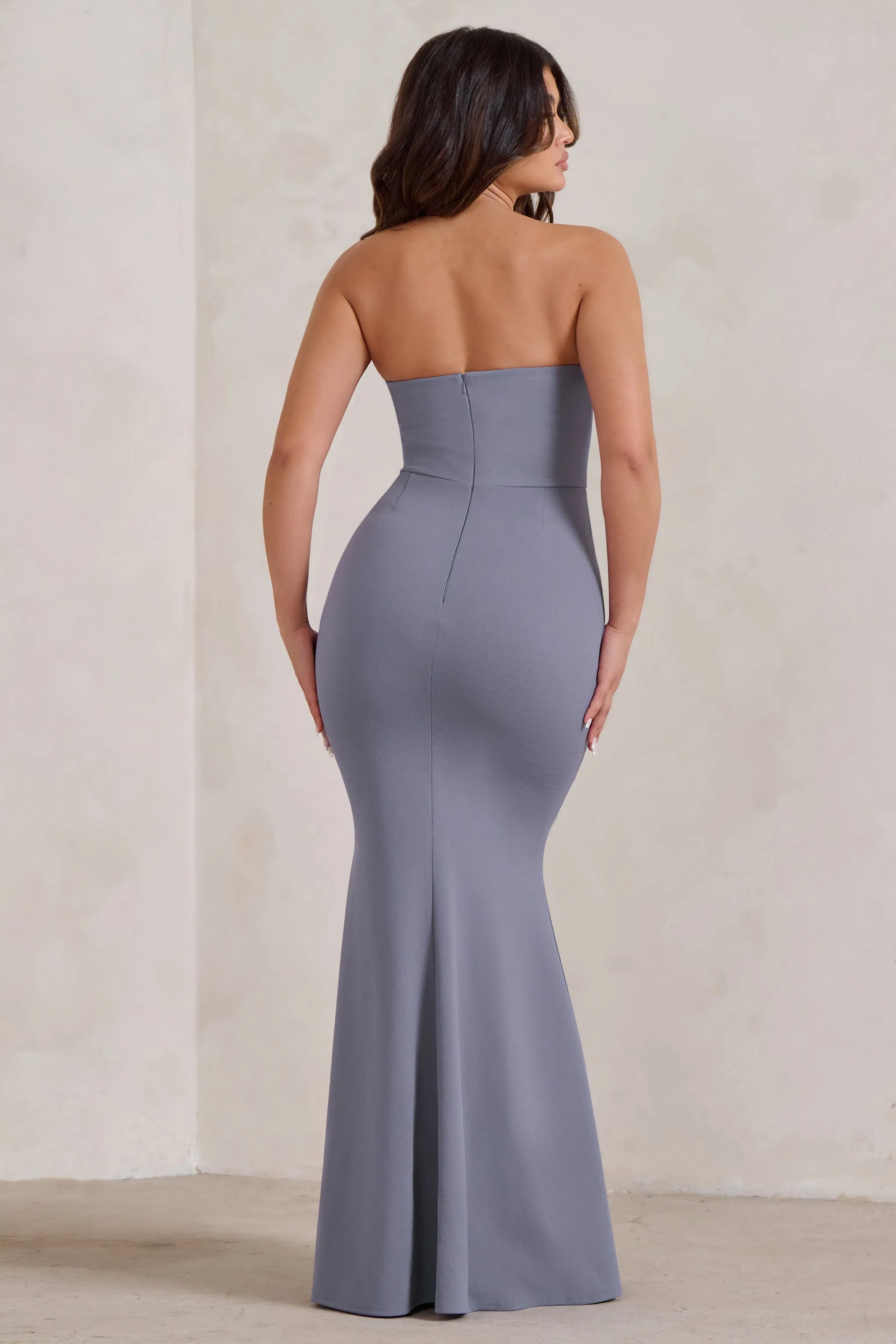 Carrie | Grey Sweetheart Neckline Maxi Dress With Statement Tie