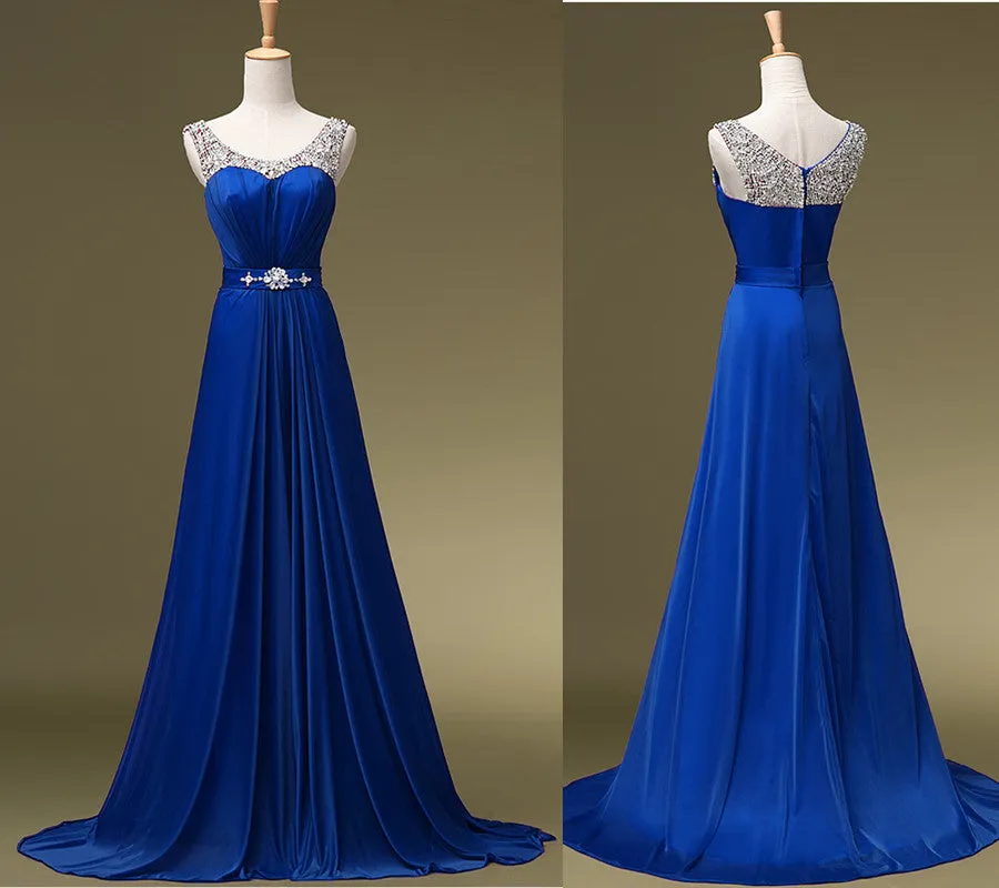 Charming Blue Sequins Round Neckline Bridesmaid Dress, A-line Long Prom Dress