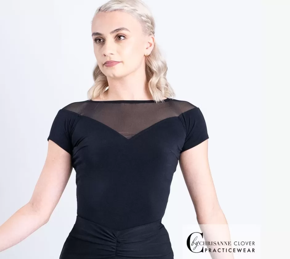 Chrisanne Clover Gemini Short Sleeve Black Practice Top with Illusion Neckline PRA 1049 in Stock