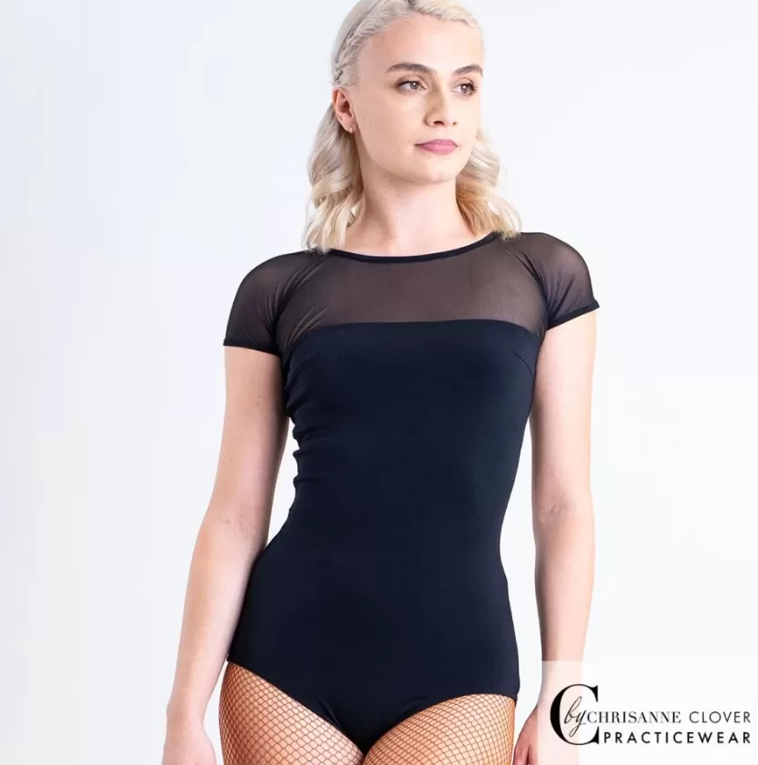 Chrisanne Clover Taurus Short Sleeve Black Bodysuit Top with Illusion Neckline PRA 1064 in Stock