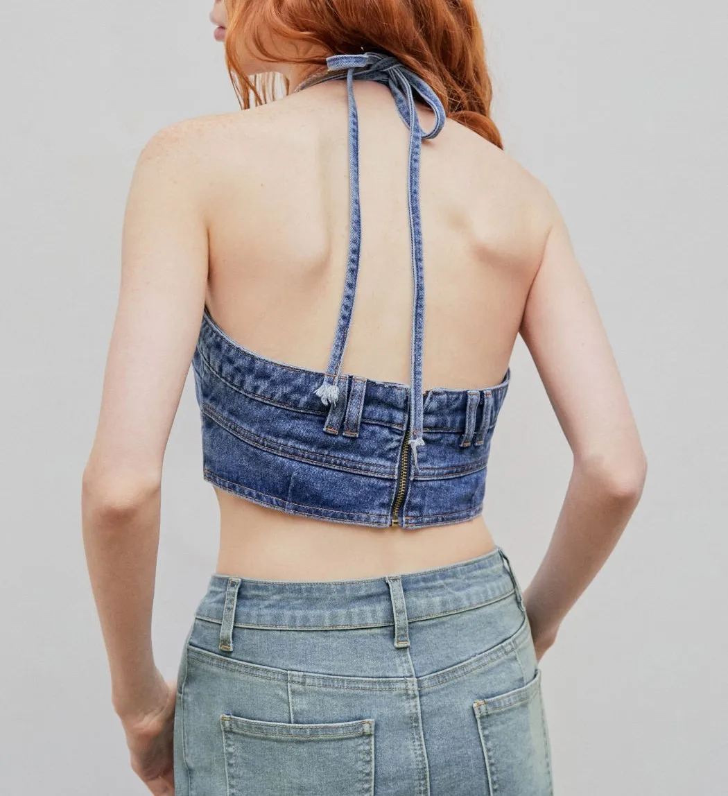 Cider  |Casual Style Denim Sleeveless Halter Neck Street Style