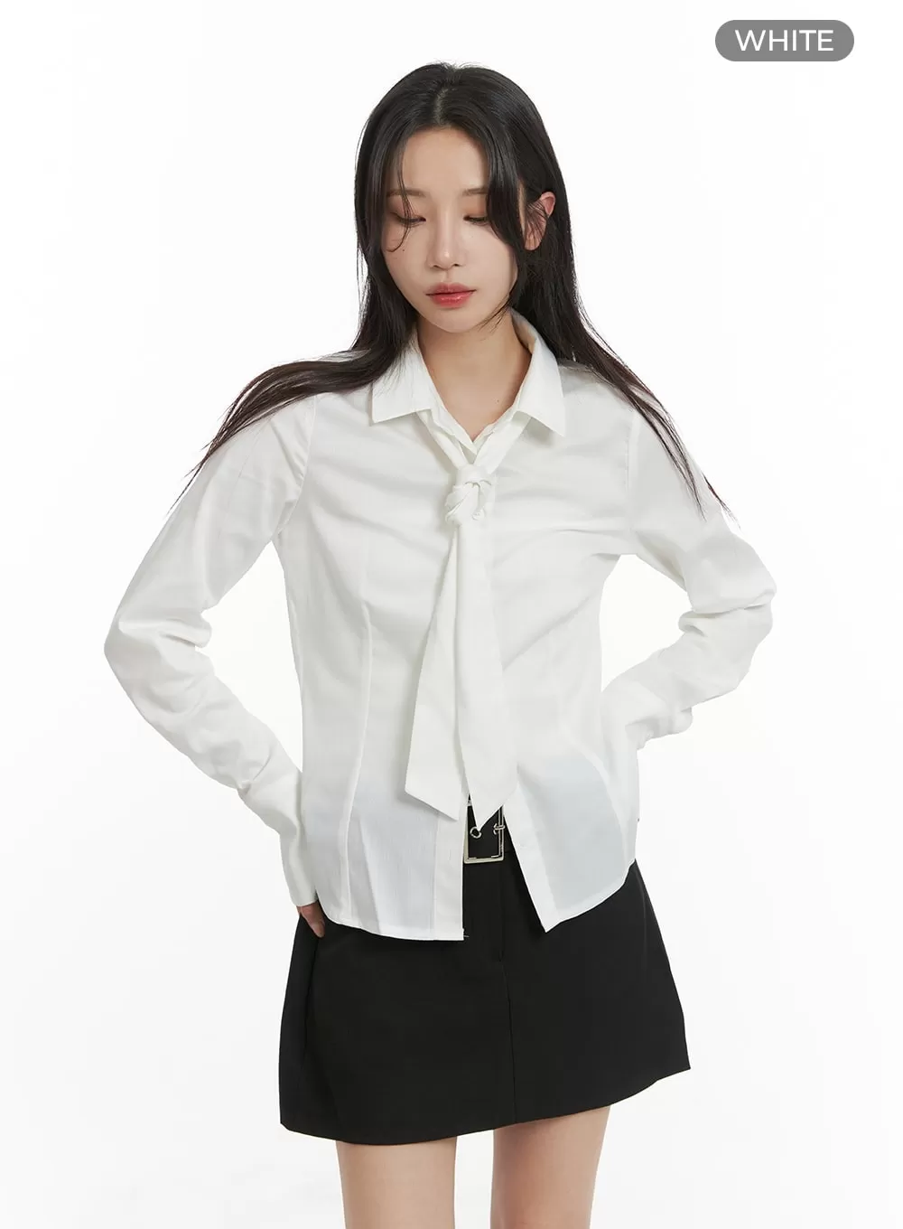 Collared Buttoned Blouse with Tie CM427